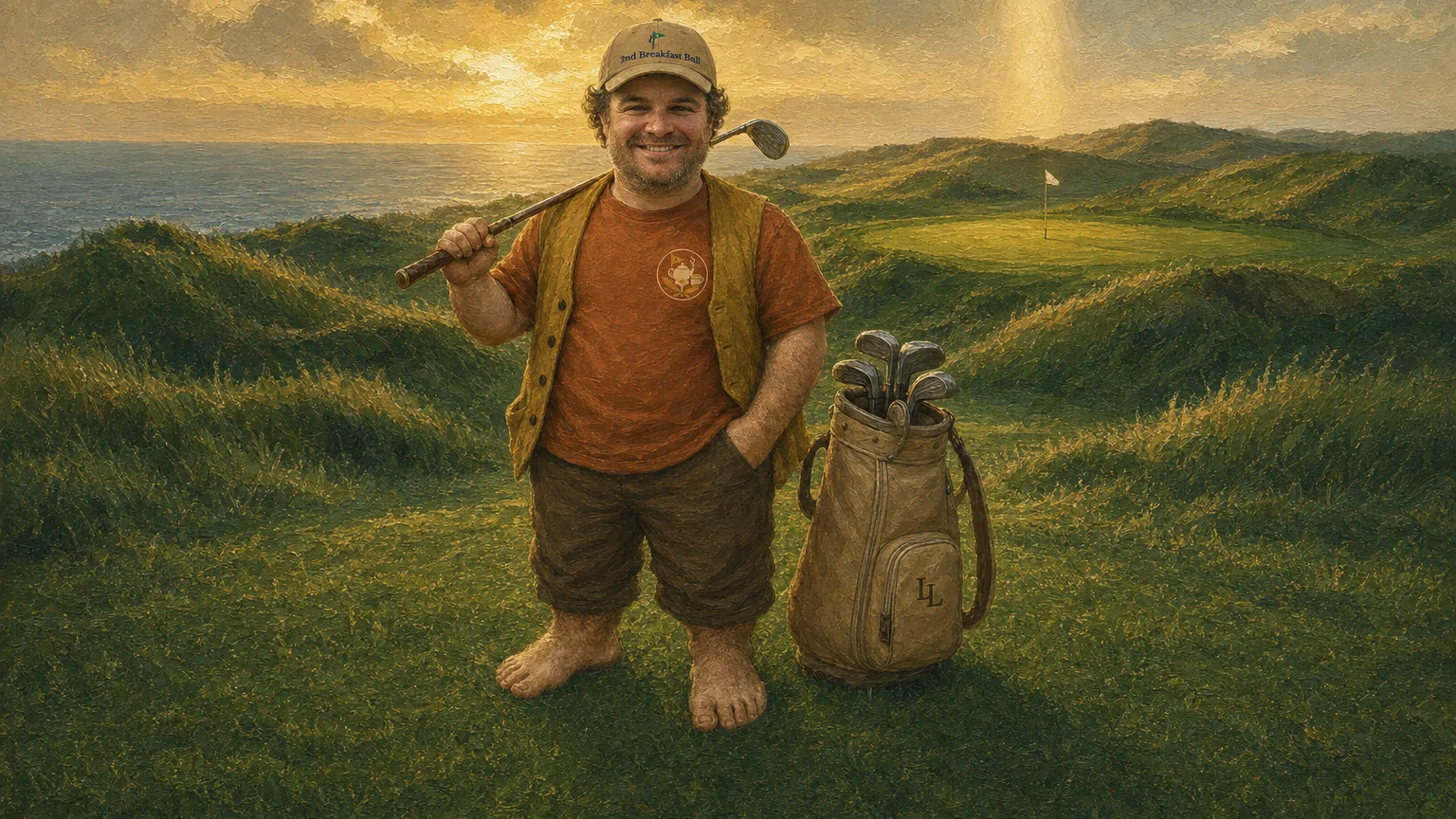 Our founder hand-painted into a golf scene as a hobbit