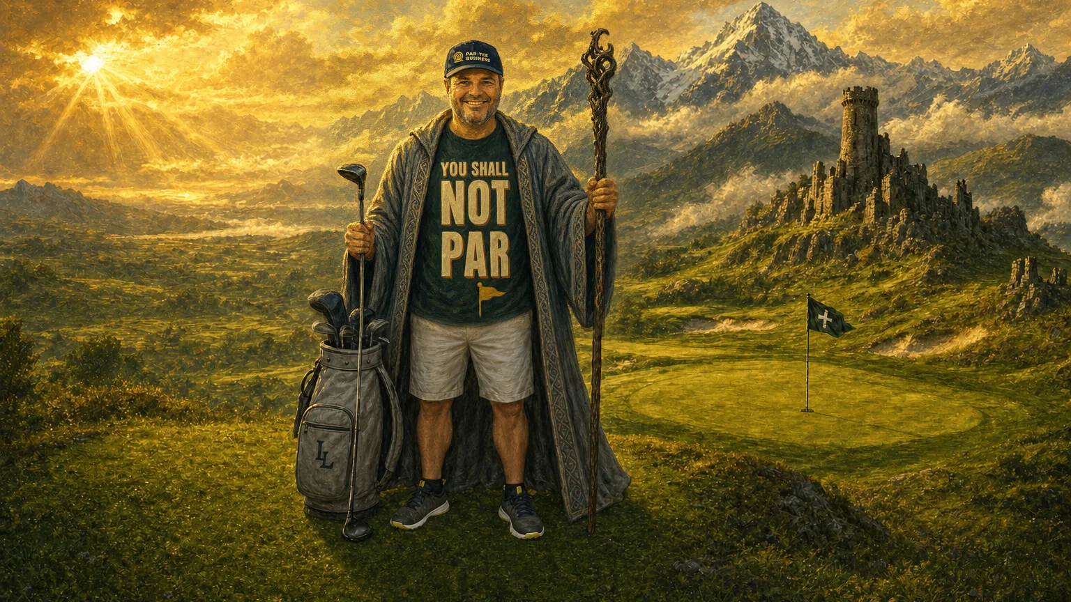 Our founder hand-painted into a golf scene as a wizard