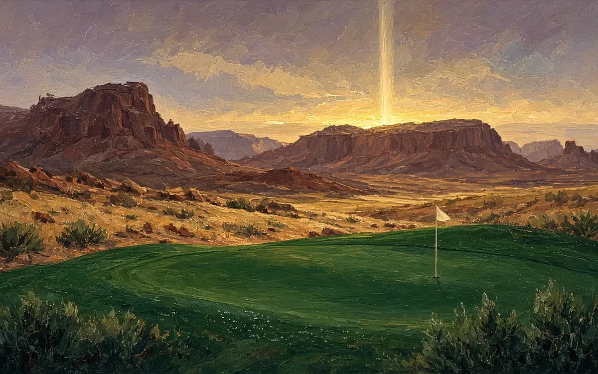 Desert Dawn: a green with a flagstick among red mesas and scrub at first light, a Links & Light art print