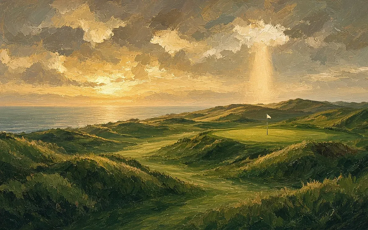 Golden Links: rolling dunes, a fescue-lined fairway and a flagged green above the sea, with a single beam of light, a Links & Light art print