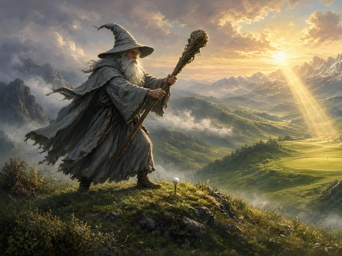 Fly, You Fools (Fore!): a wizard tees off from a mountain ridge, original golf art by Links & Light