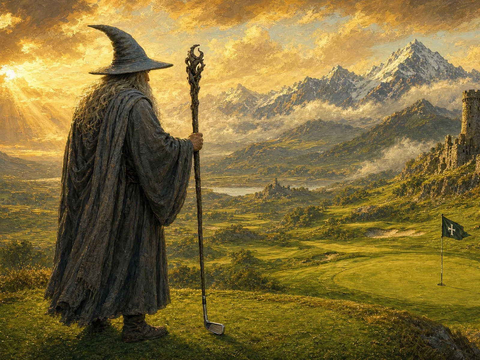 An old grey wizard with an iron-headed staff overlooking a golf green, ruined tower and misty mountains at golden hour. Original golf art by Links & Light