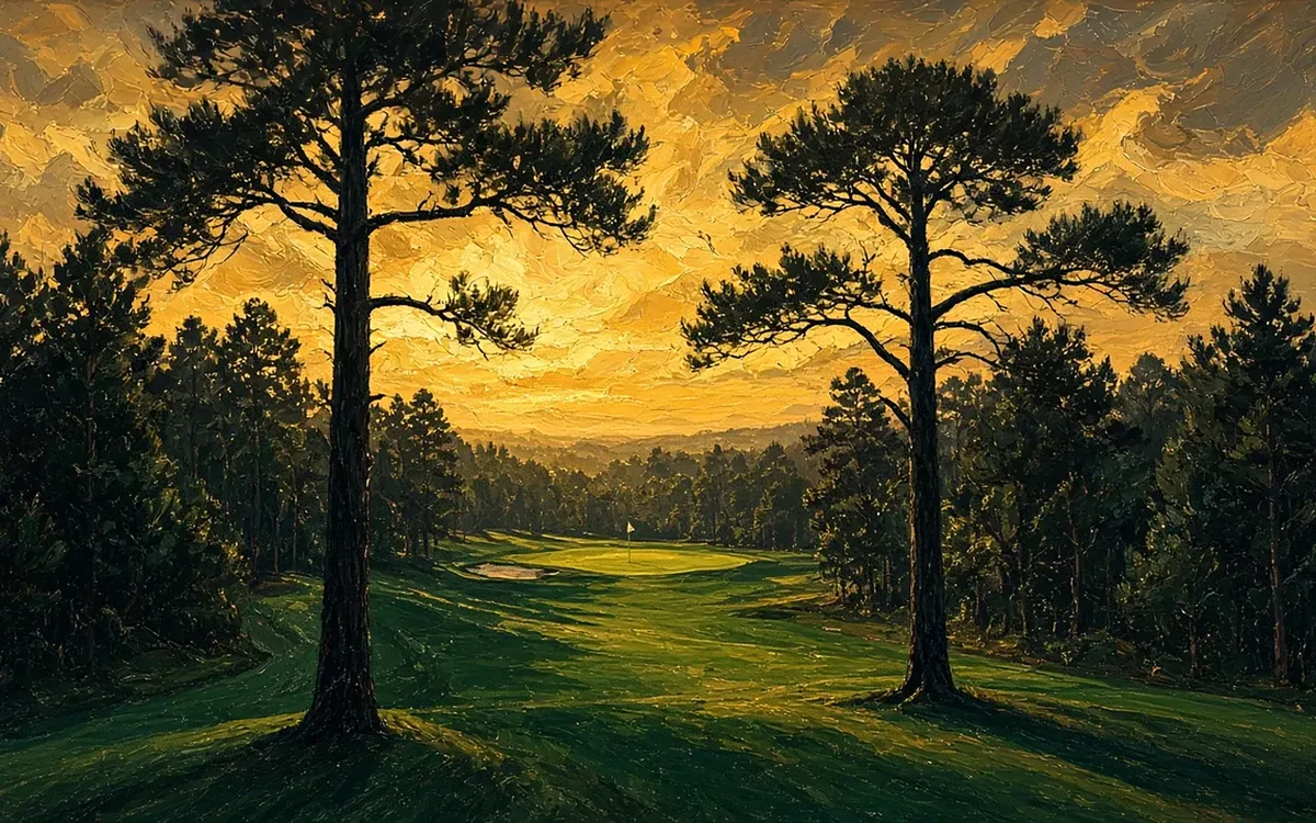 Twin Pines: a parkland fairway framed by two tall pines, running to a flagged green with a greenside bunker at sunset, a Links & Light art print