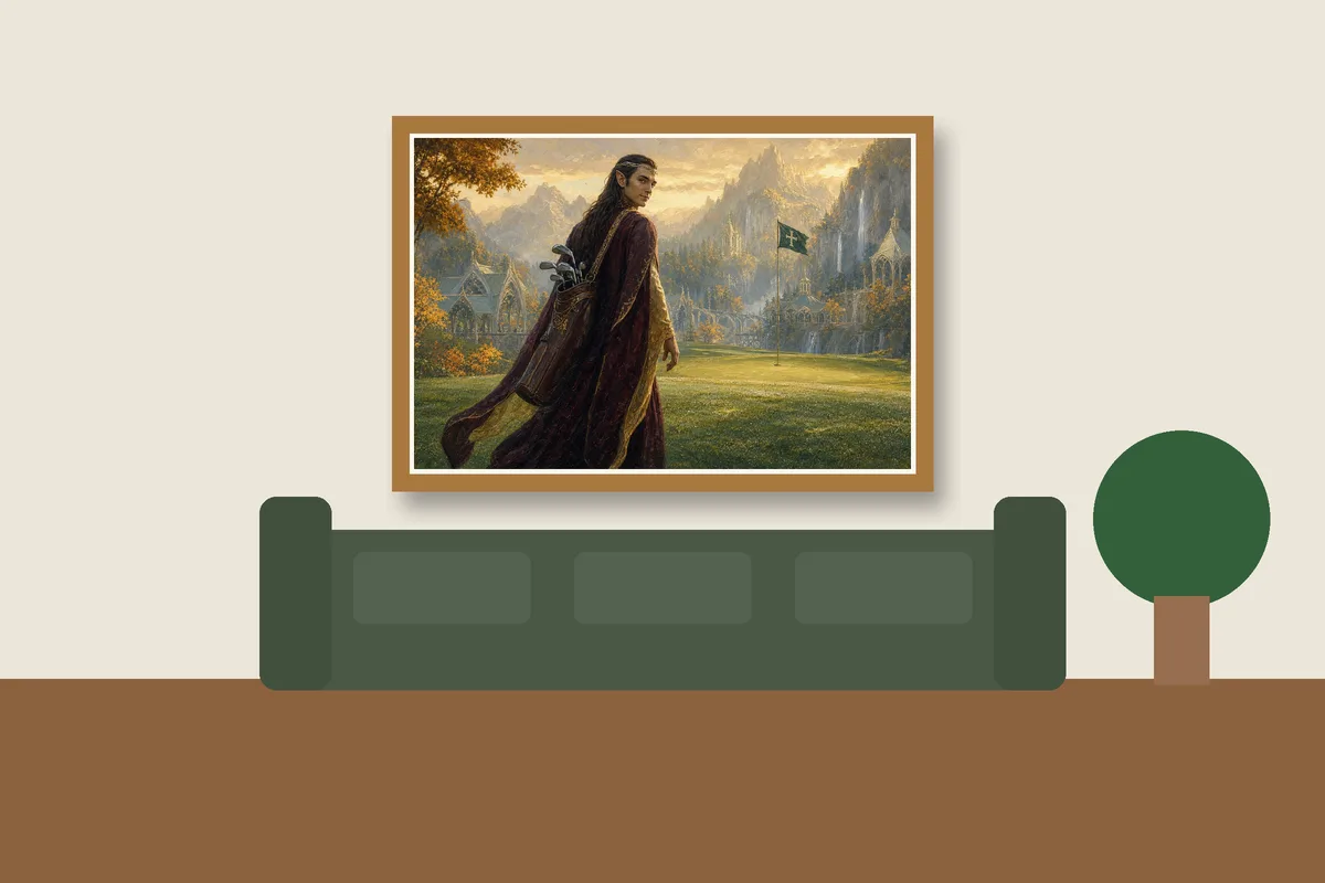 Bag Drop at First Light framed on a wall, printable golf wall art