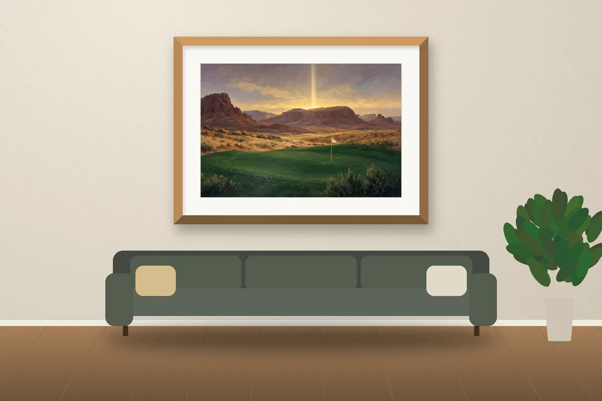 Desert Dawn framed on a wall, printable golf wall art