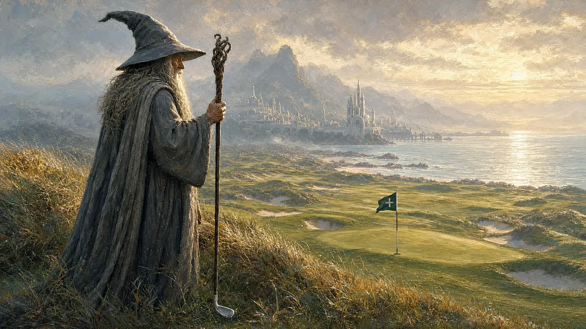 Dawn Patrol at the Sea Gate framed on a wall, printable golf wall art