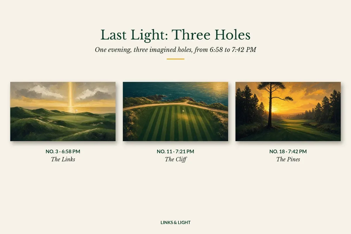Last Light: Three Holes framed on a wall: a links green, a clifftop green and a parkland fairway, printable golf wall art