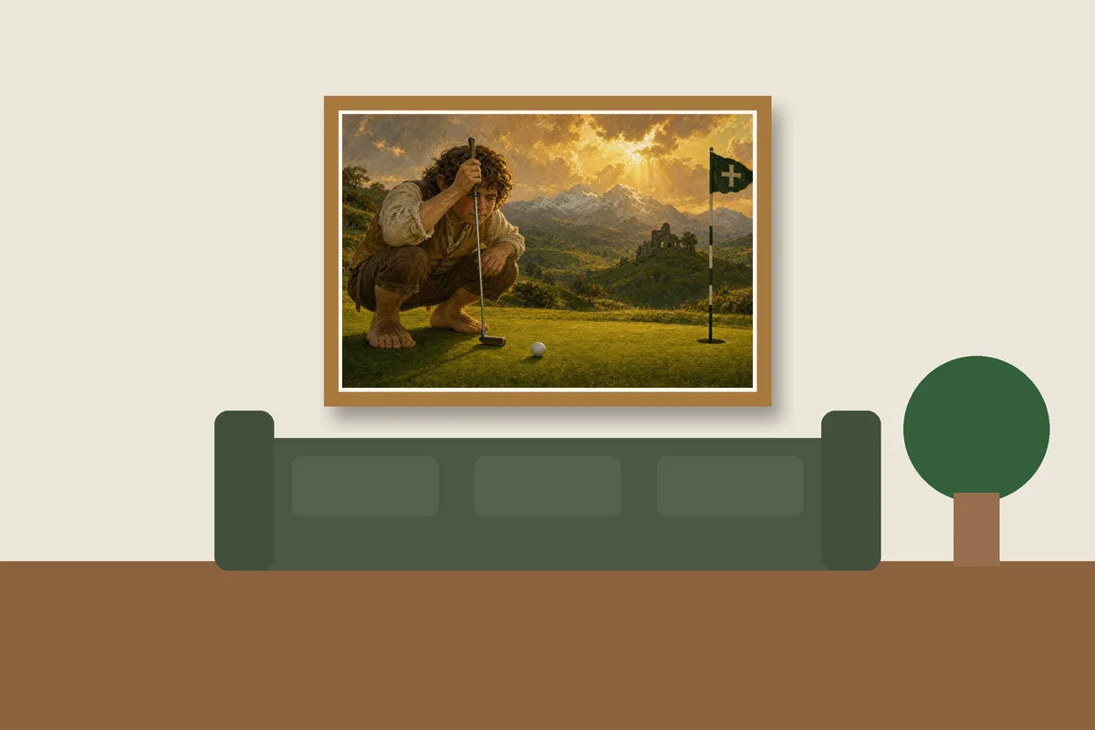 The Plumb-Bob Pastoral framed on a wall, printable golf wall art