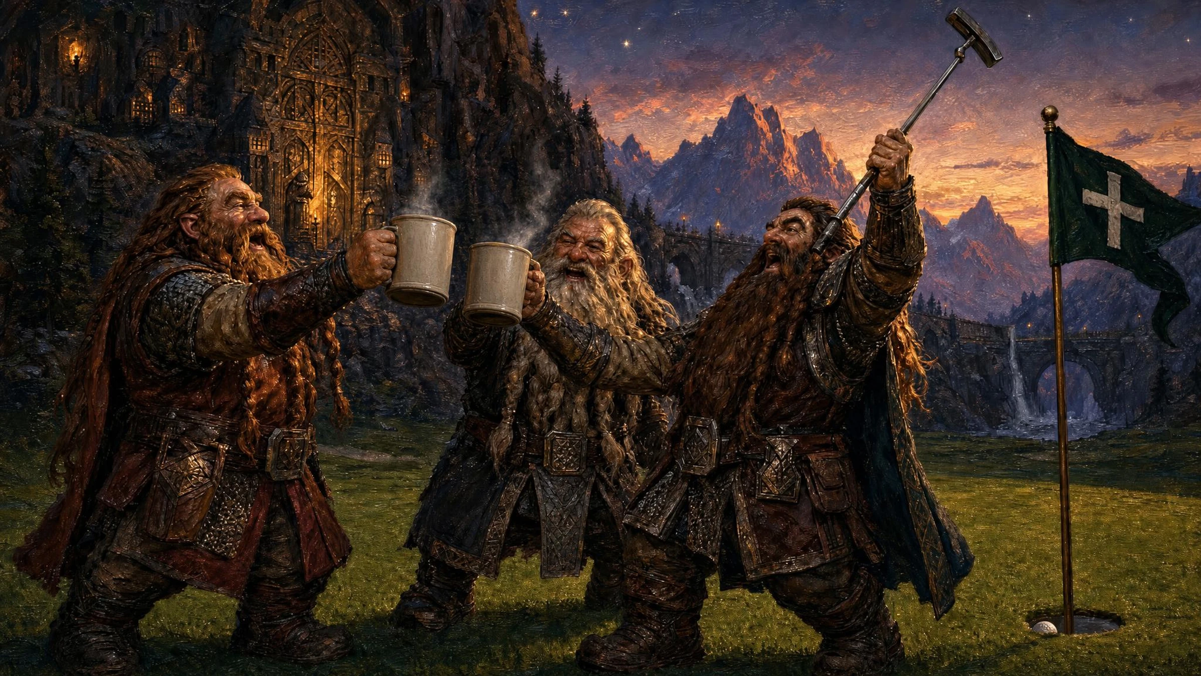 Coffee mugs raised at dusk with a putter held high